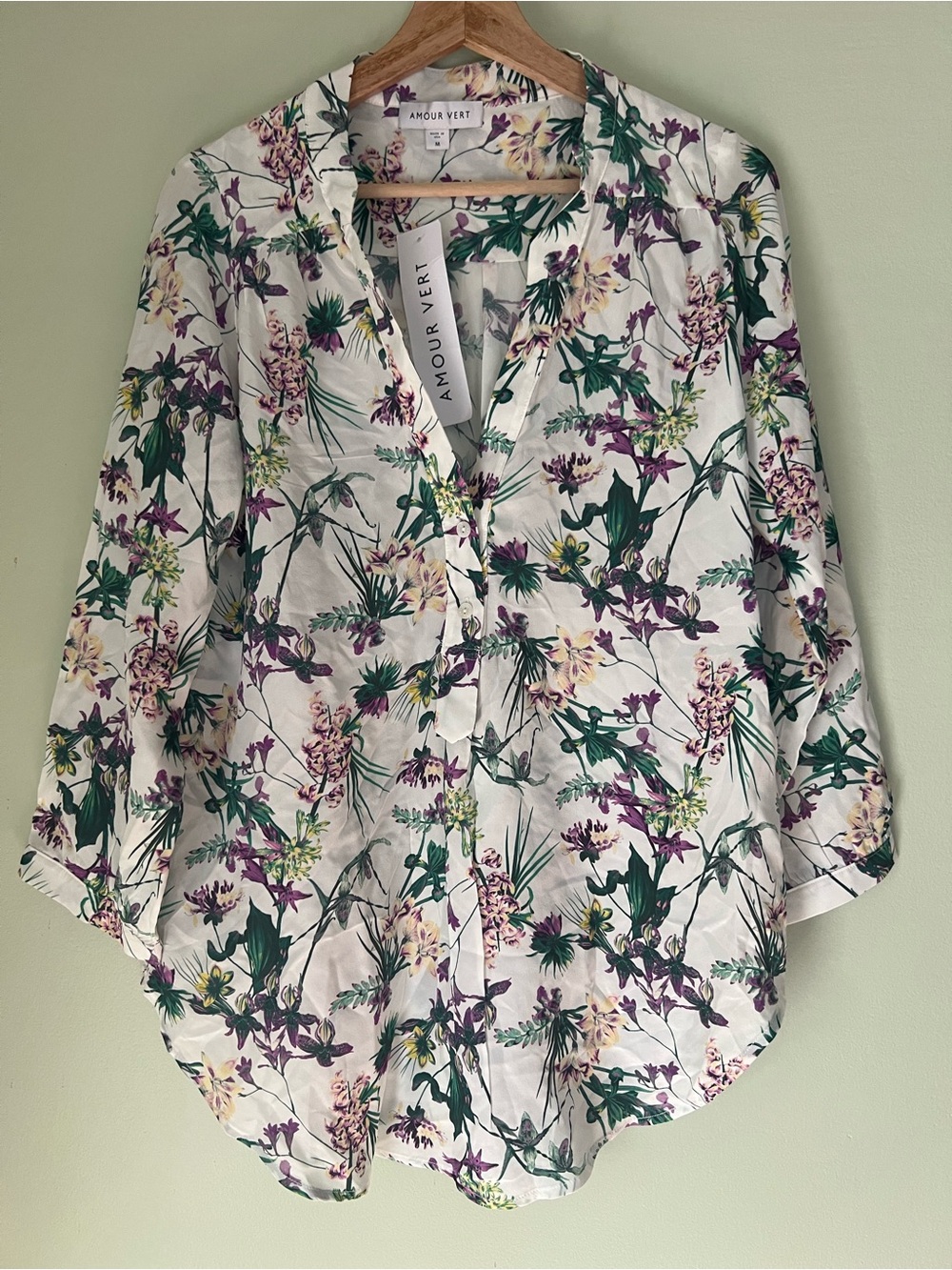 Amour Vert Amy 100% silk Floral Shirt with Green and Purple Print